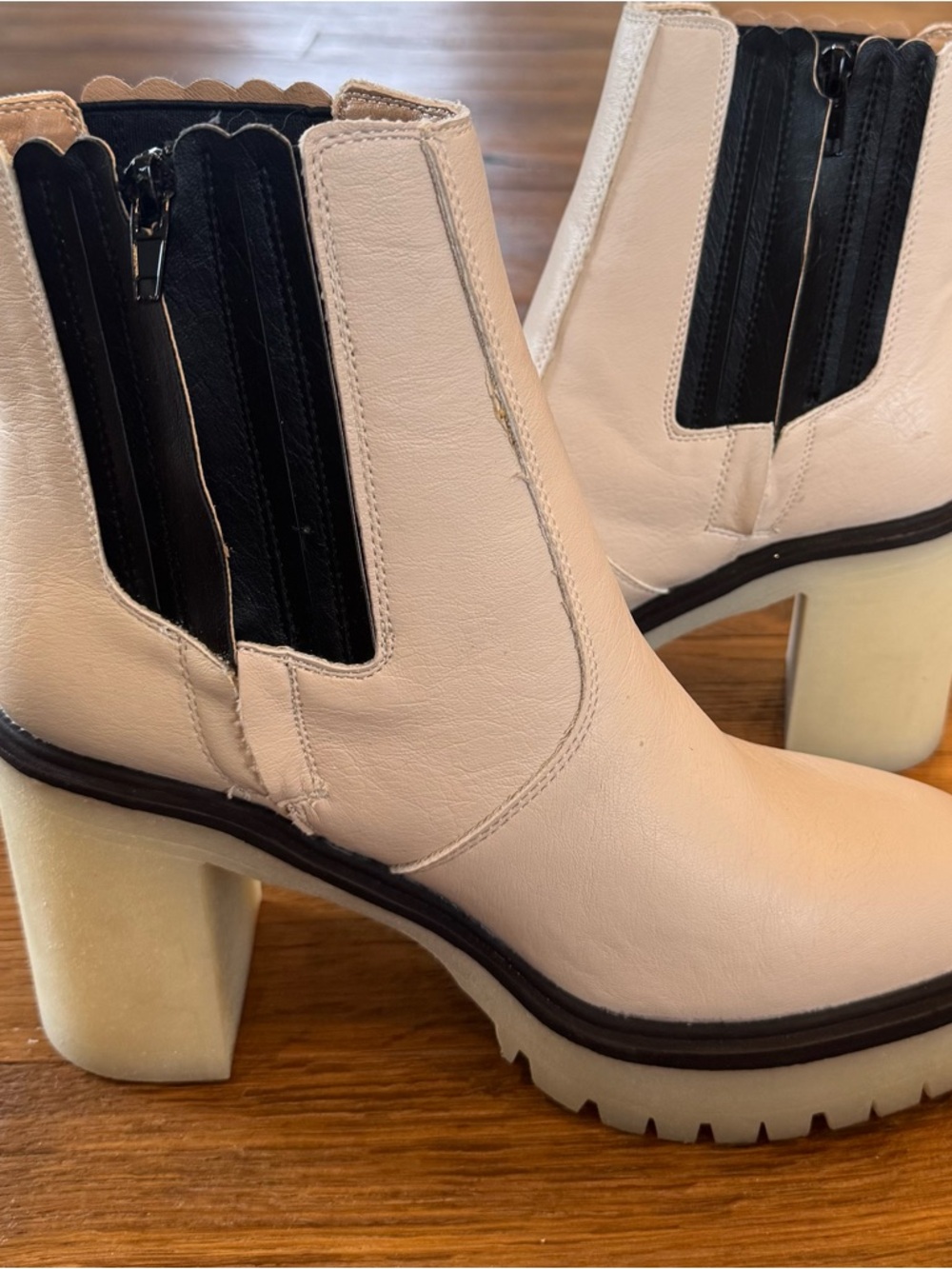 Cream Chelsea Heeled Ankle Boots with Black Elastic Panels - Picture 4 of 13
